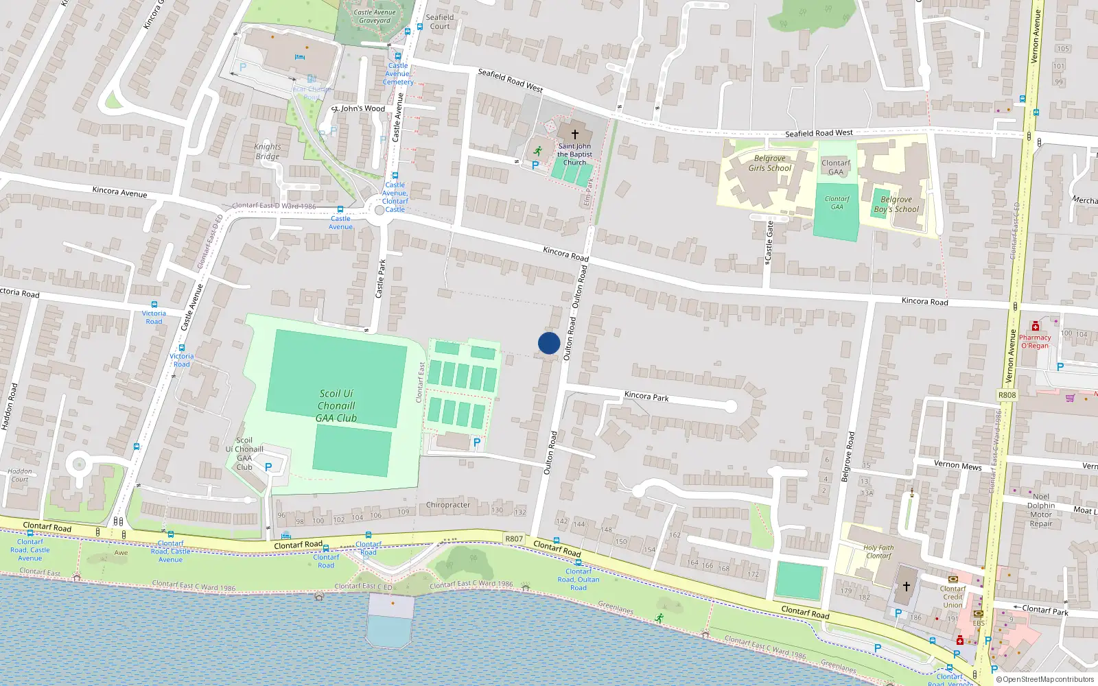 Overhead map showing the location of 30 Oulton Road, Clontarf, Dublin