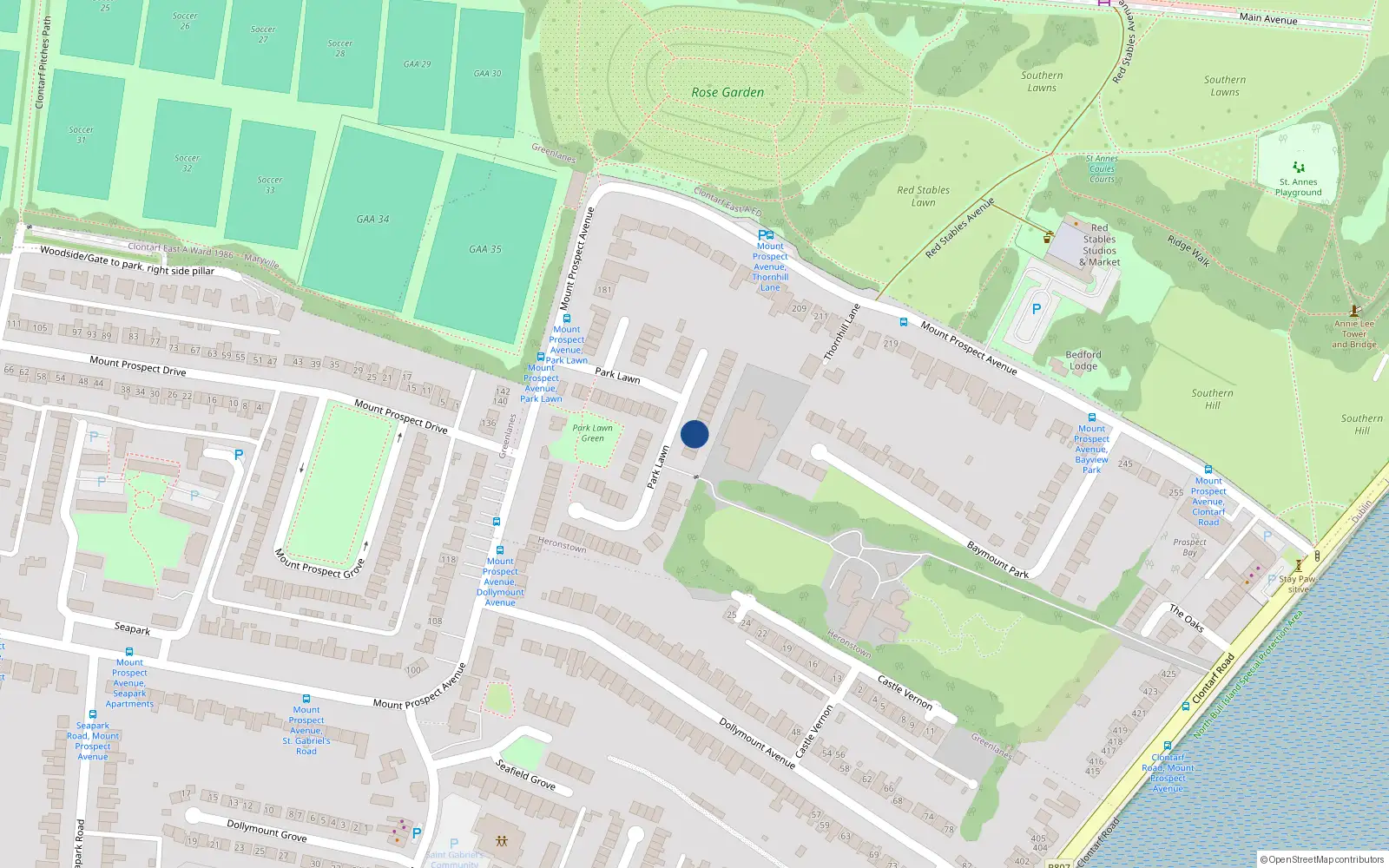 Overhead map showing the location of 30 Park Lawn, Mount Prospect Avenue, Clontarf Dublin 3