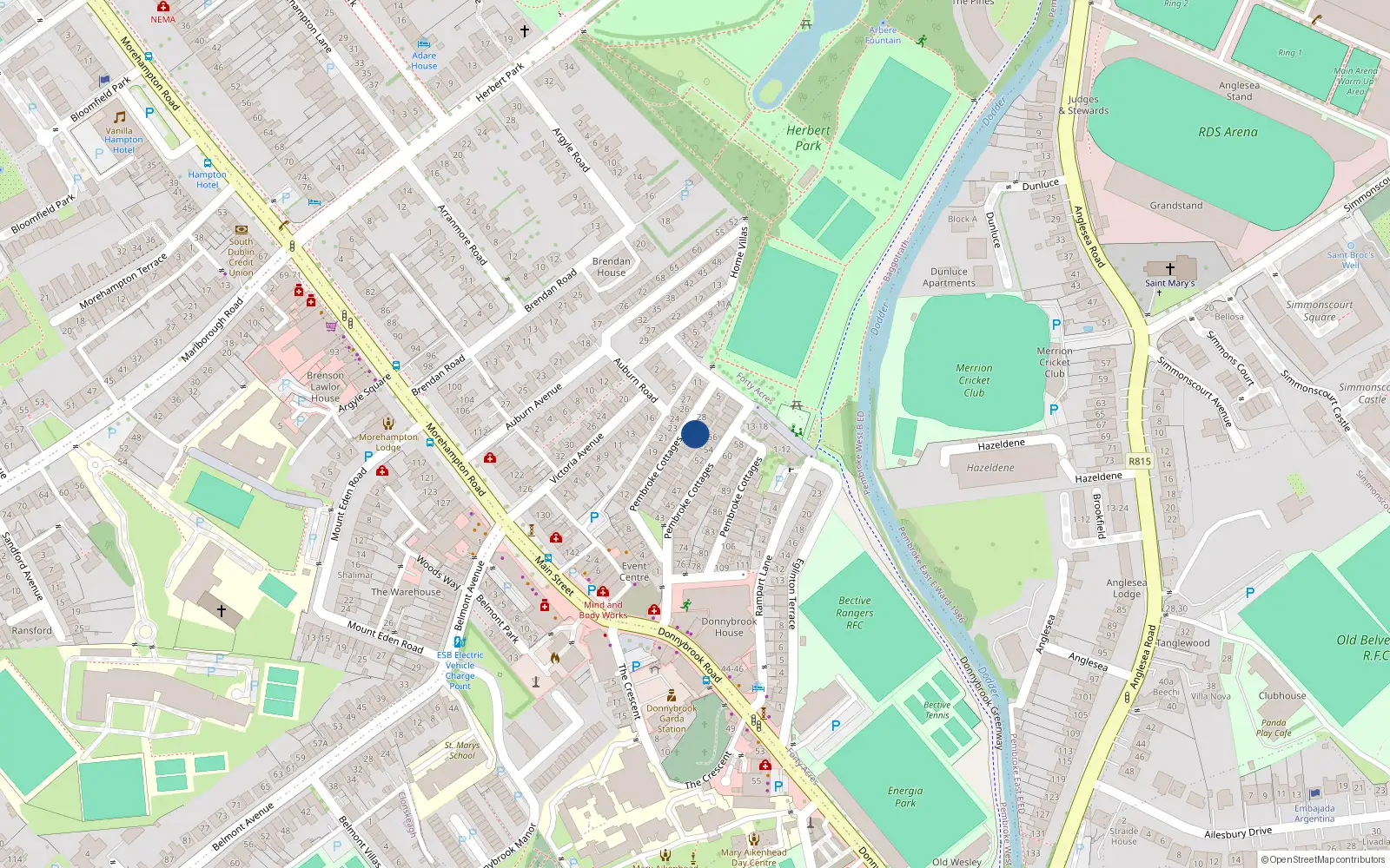 Overhead map showing the location of 30 Pembroke Cottages, Dublin 4