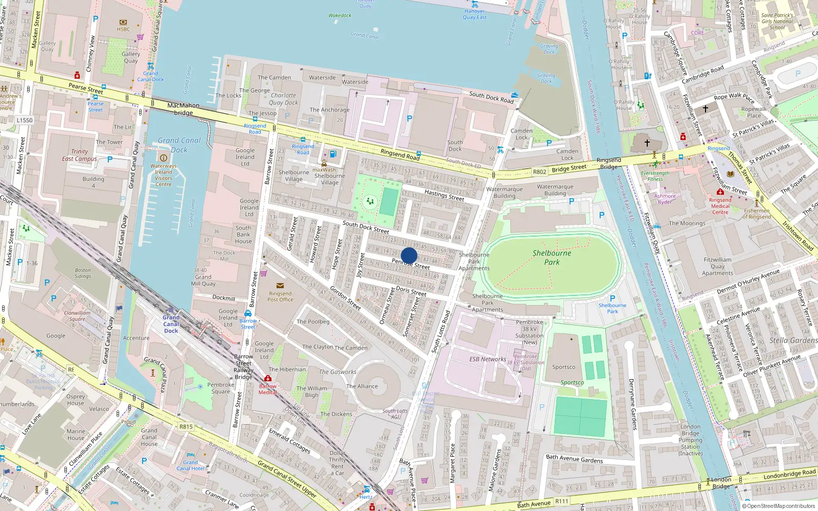 Overhead map showing the location of 30 Penrose Street, Dublin 4
