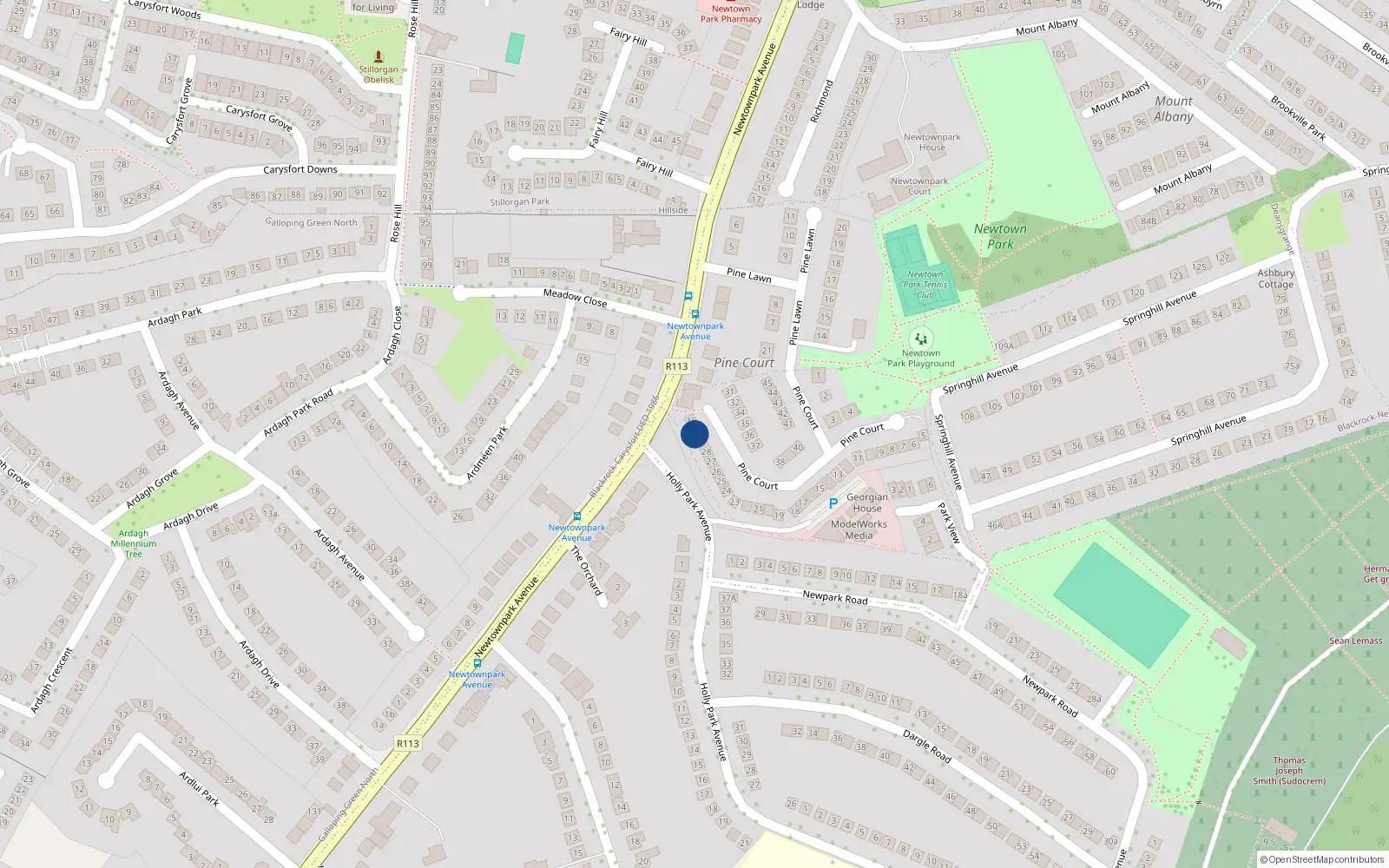 Overhead map showing the location of 30 Pine Court, Newtownpark Avenue, Blackrock