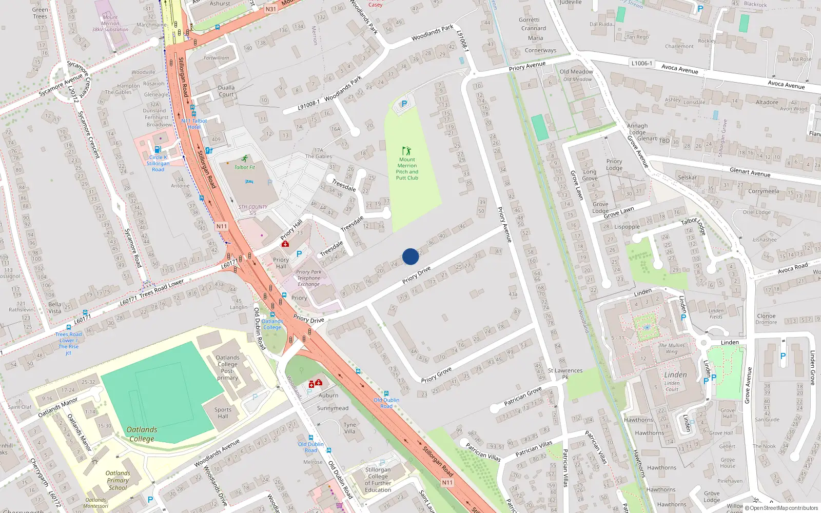 Overhead map showing the location of 30 Priory Drive, Stillorgan, Dublin