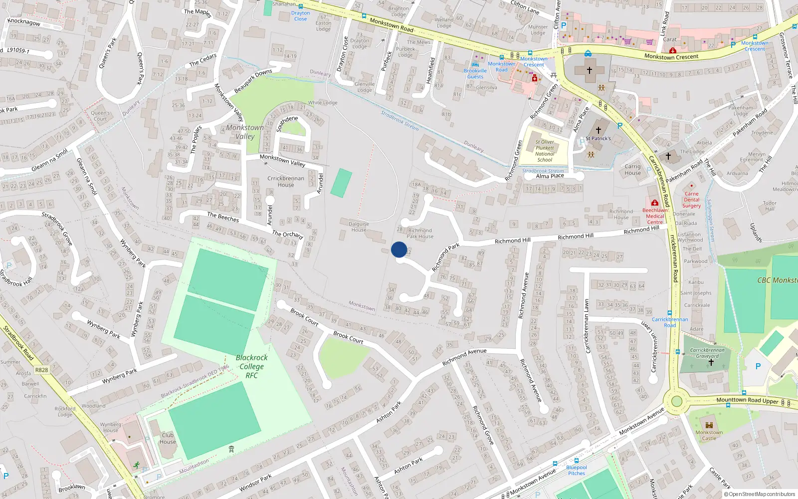 Overhead map showing the location of 30 Richmond Park, Monkstown