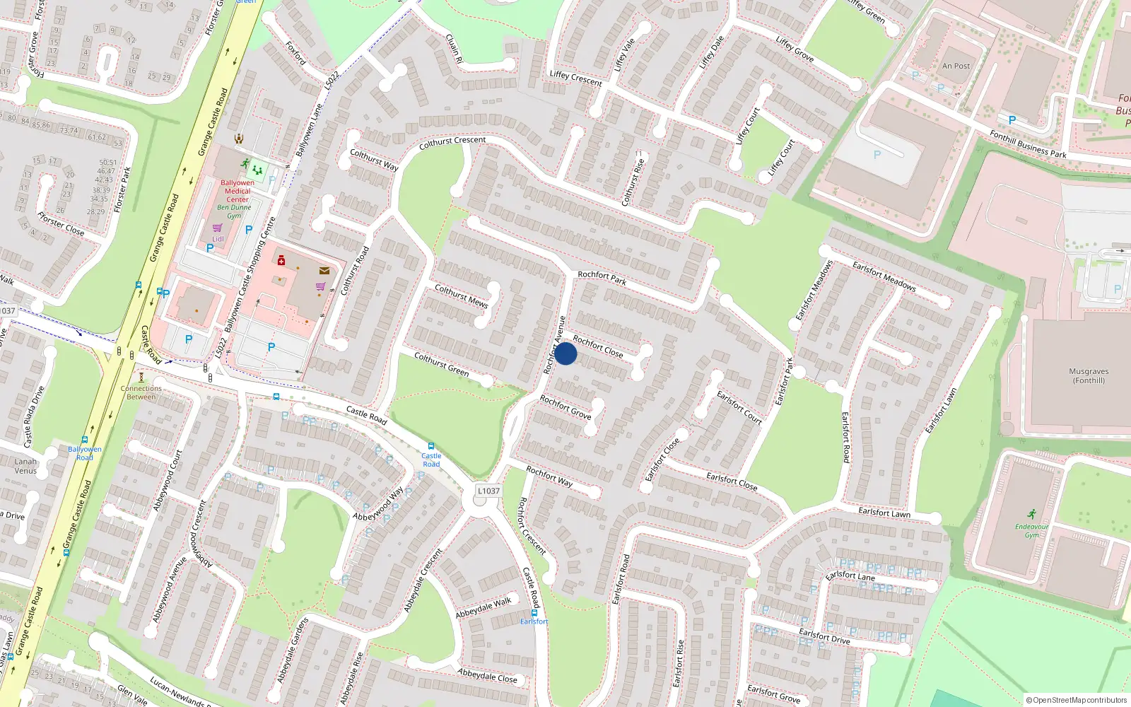 Overhead map showing the location of 30 Rochfort Close, Lucan