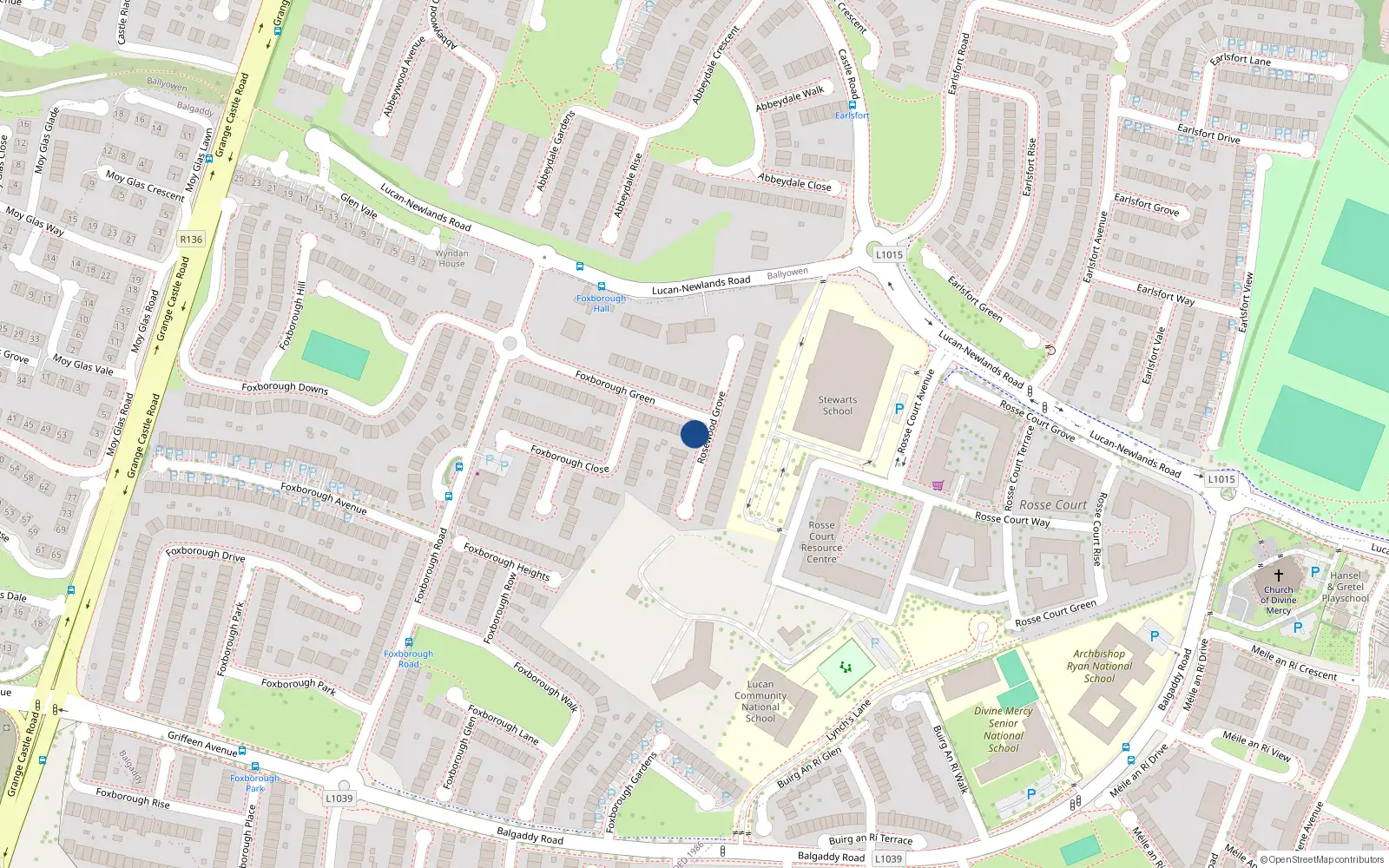 Overhead map showing the location of 30 Rosewood Grove, Lucan, Dublin