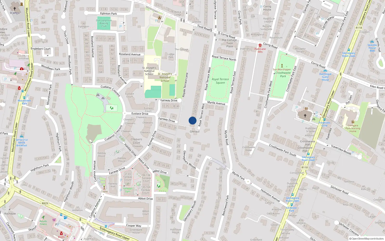 Overhead map showing the location of 30 Royal Terrace West, Dun Laoghaire, Dublin