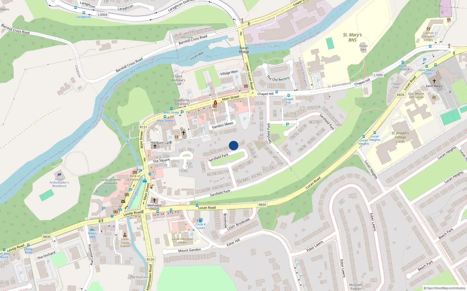 Overhead map showing the location of 30 Sarsfield Park, Lucan