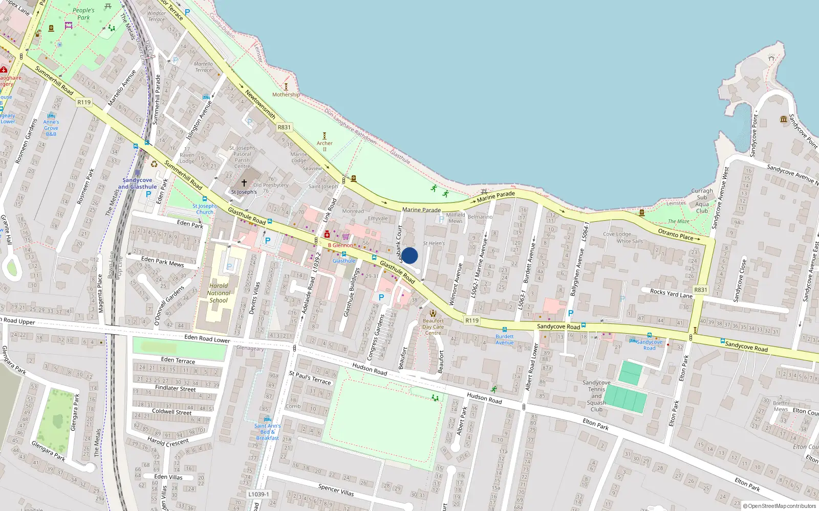 Overhead map showing the location of 30 Seabank Court, Marine Parade, Sandycove