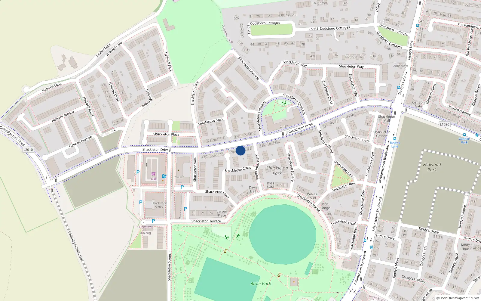 Overhead map showing the location of 30 Shackleton Drive, Finnstown
