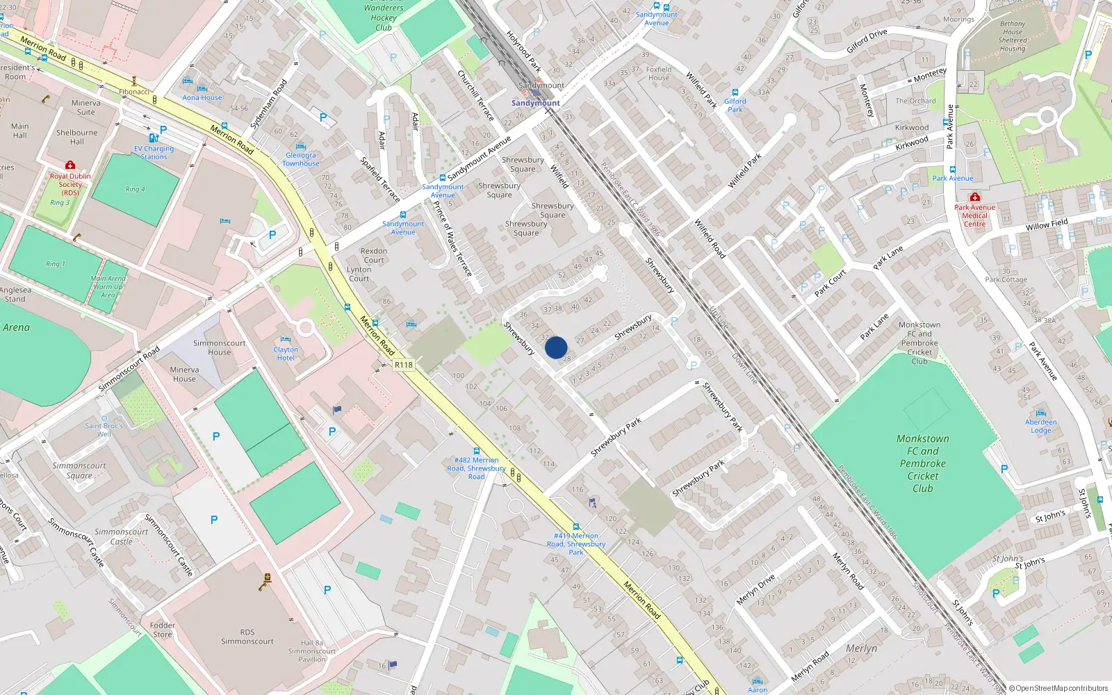 Overhead map showing the location of 30 Shrewsbury, Ballsbridge