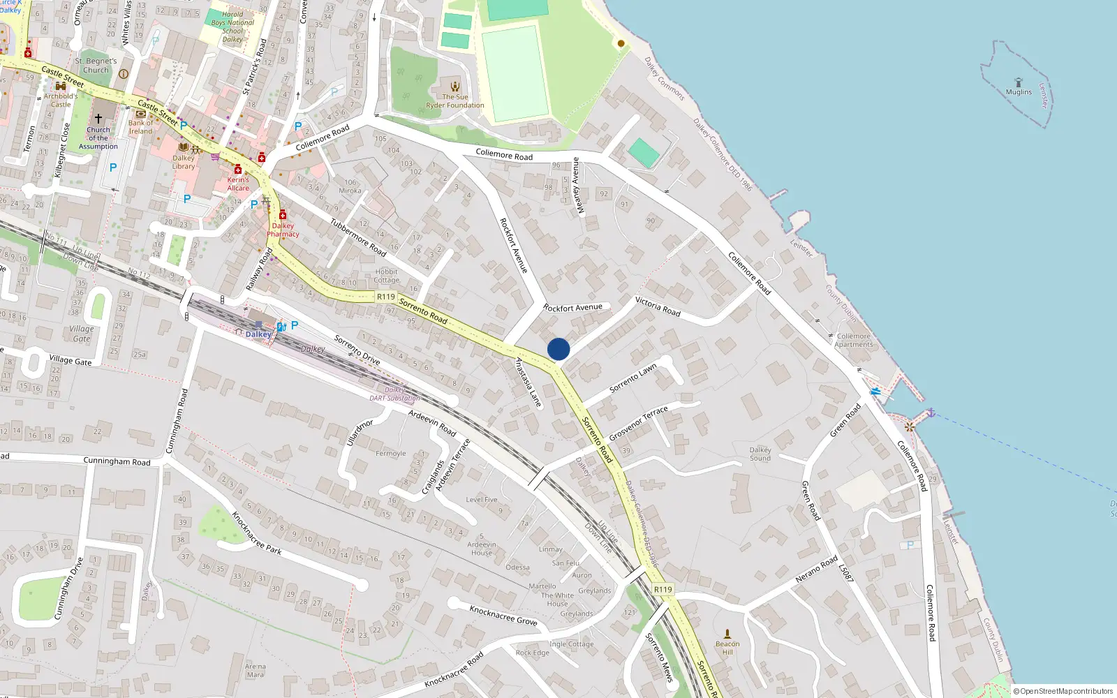Overhead map showing the location of 30 Sorrento Road, Dalkey