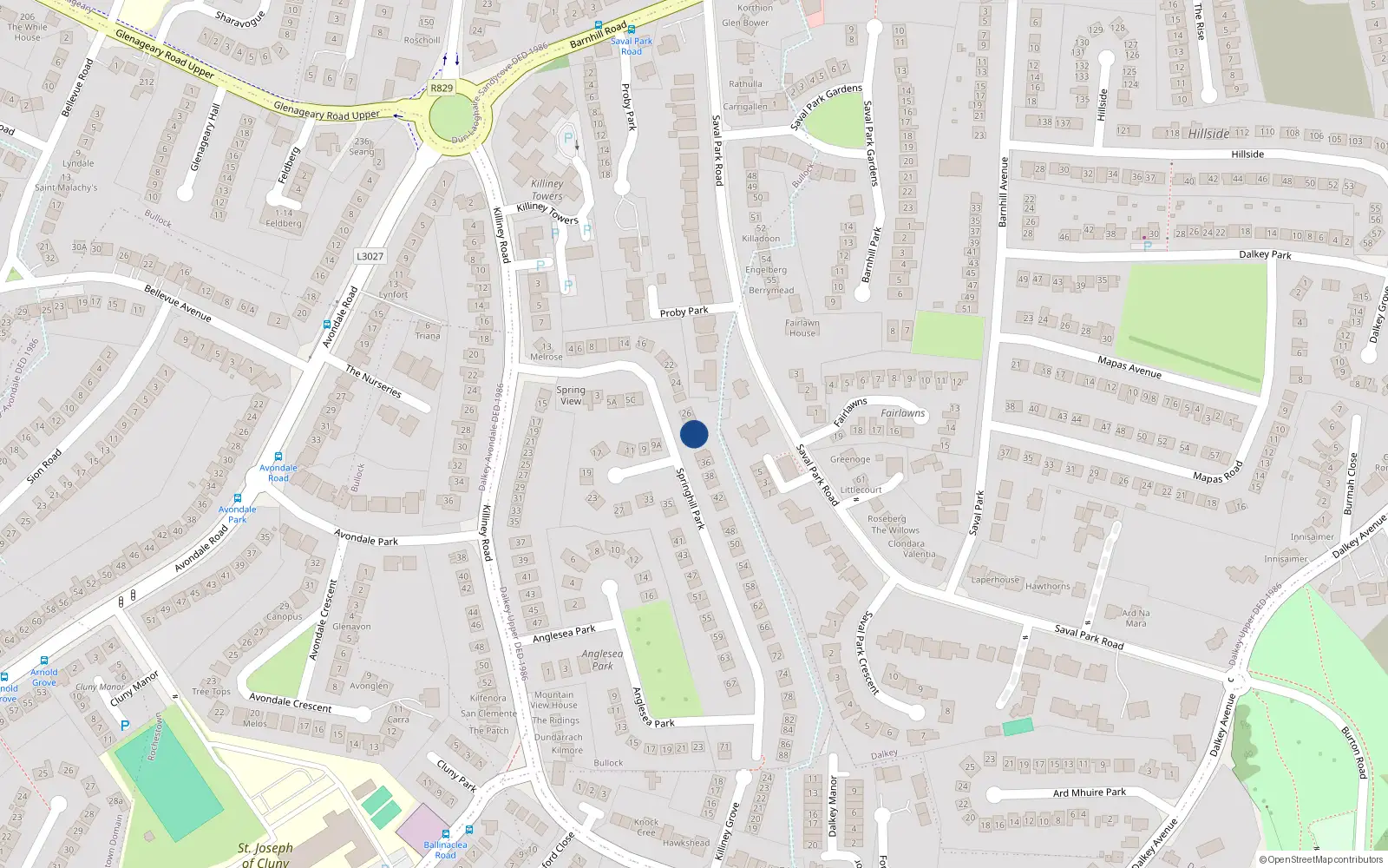 Overhead map showing the location of 30 Springhill Park, Dalkey