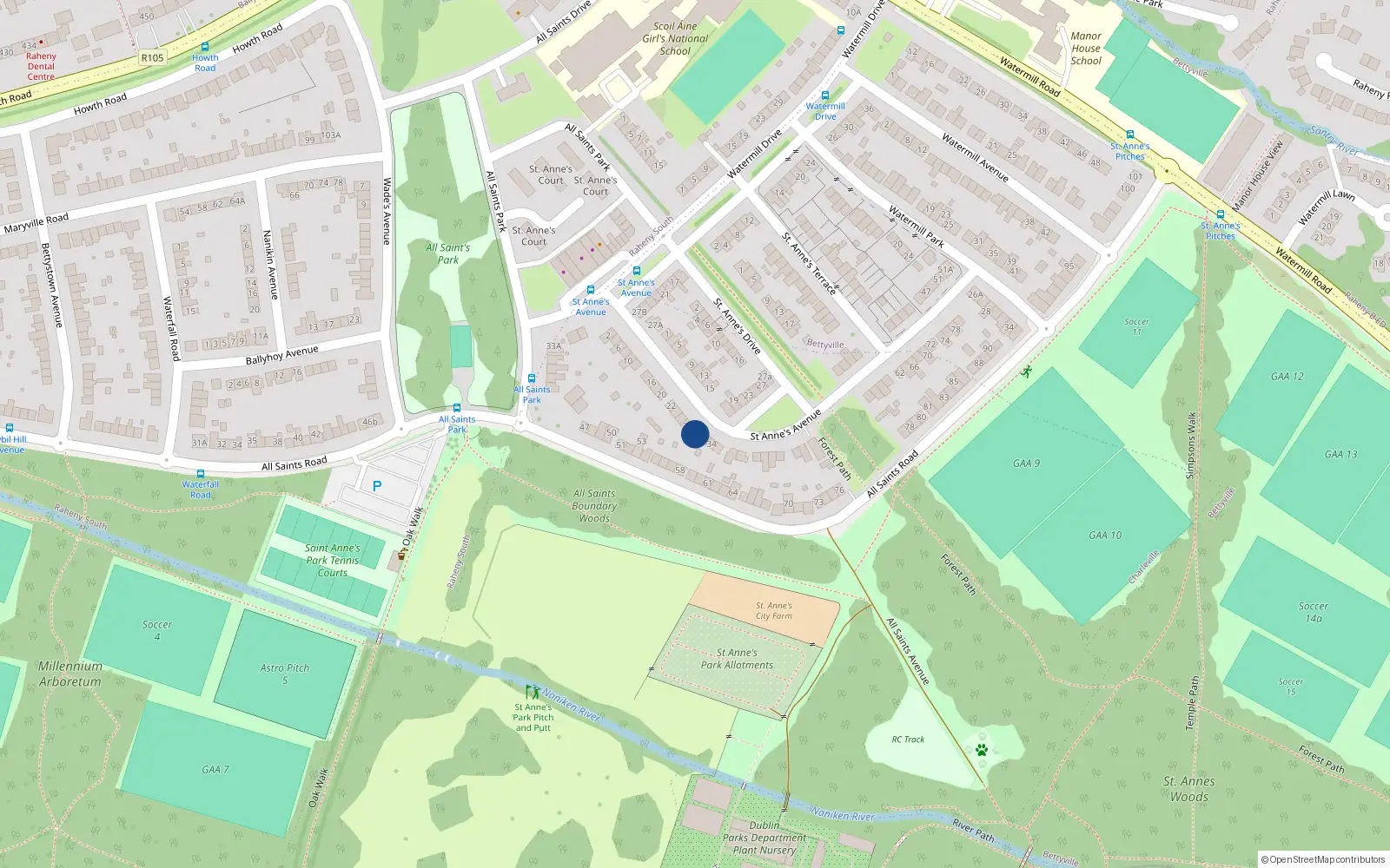 Overhead map showing the location of 30 St Annes Avenue, Raheny, Dublin 5