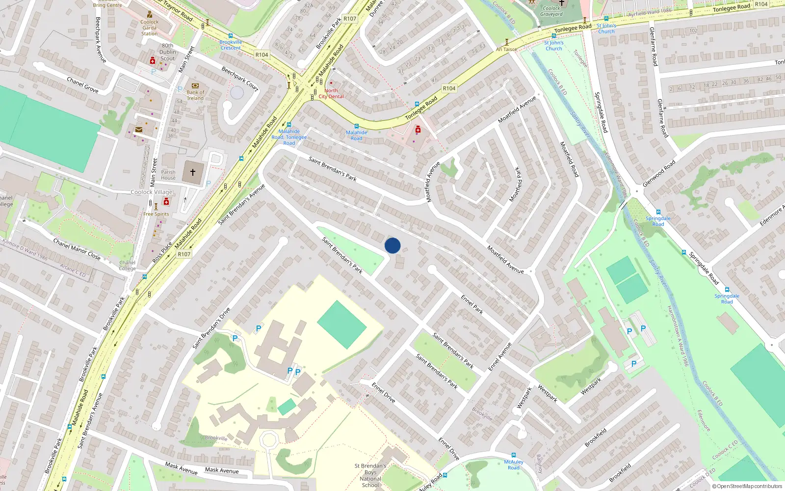 Overhead map showing the location of 30 St Brendans Park, Coolock, Dublin 5