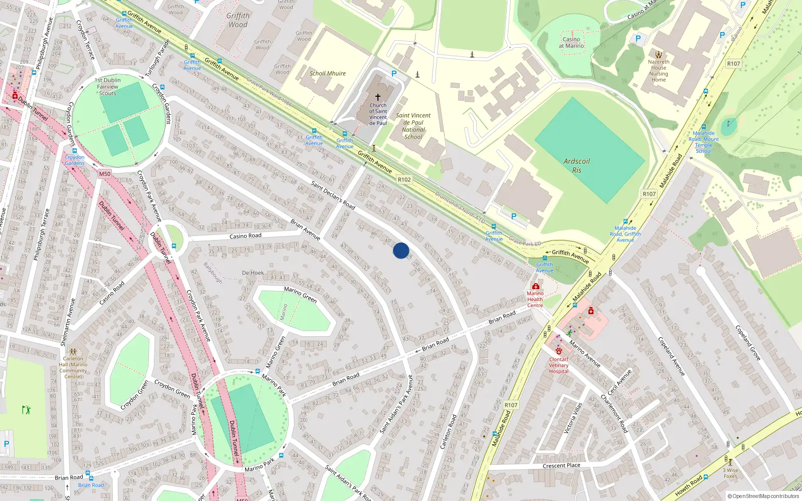 Overhead map showing the location of 30 Saint Declan's Road, Dublin 3