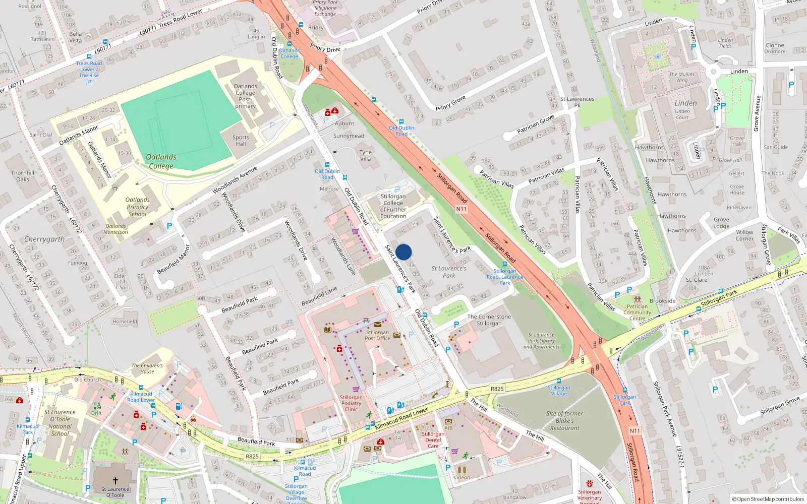 Overhead map showing the location of 30 St Laurences Park, Stillorgan, Dublin