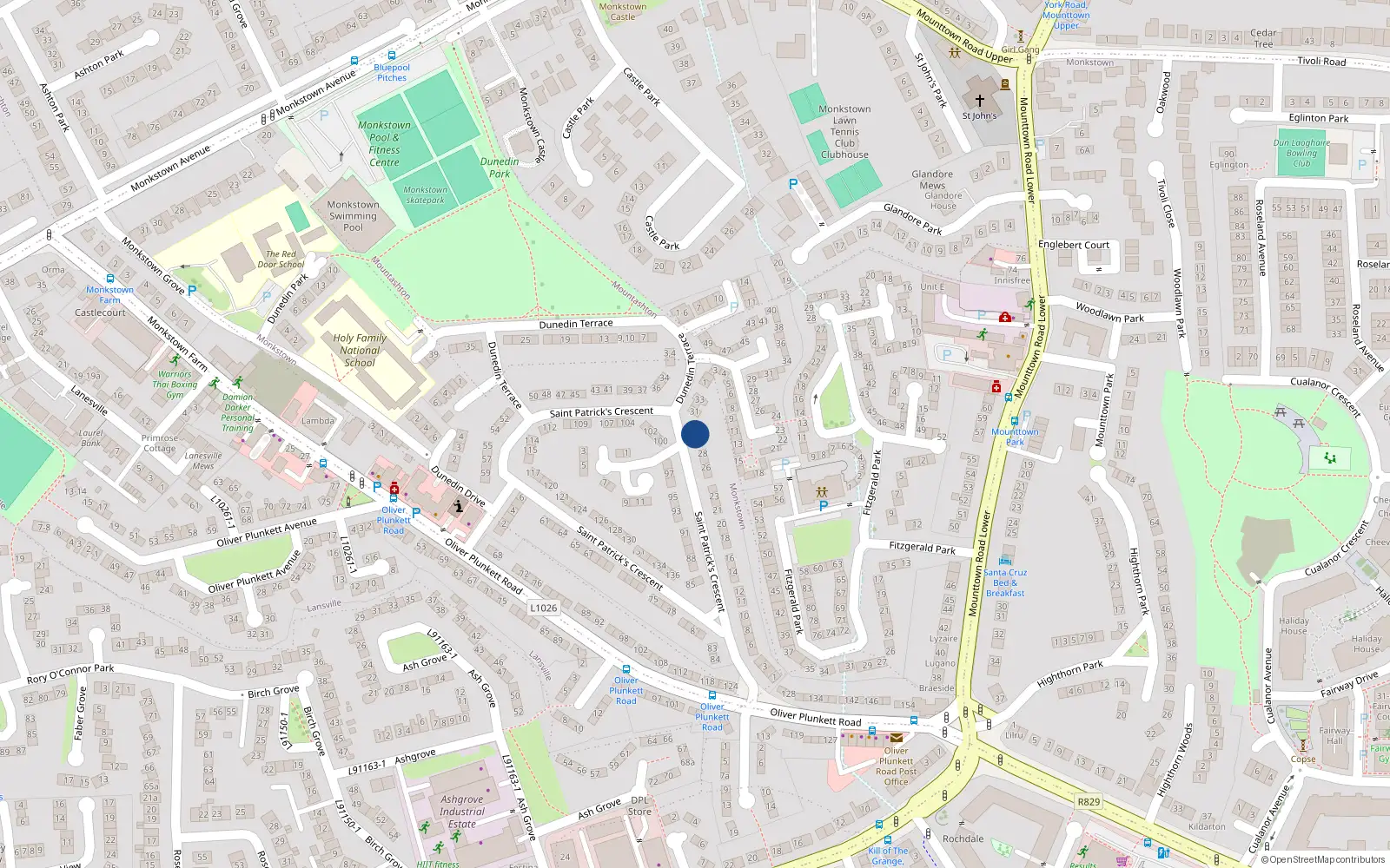 Overhead map showing the location of 30 St Patricks Crescent, Monkstown, Dublin