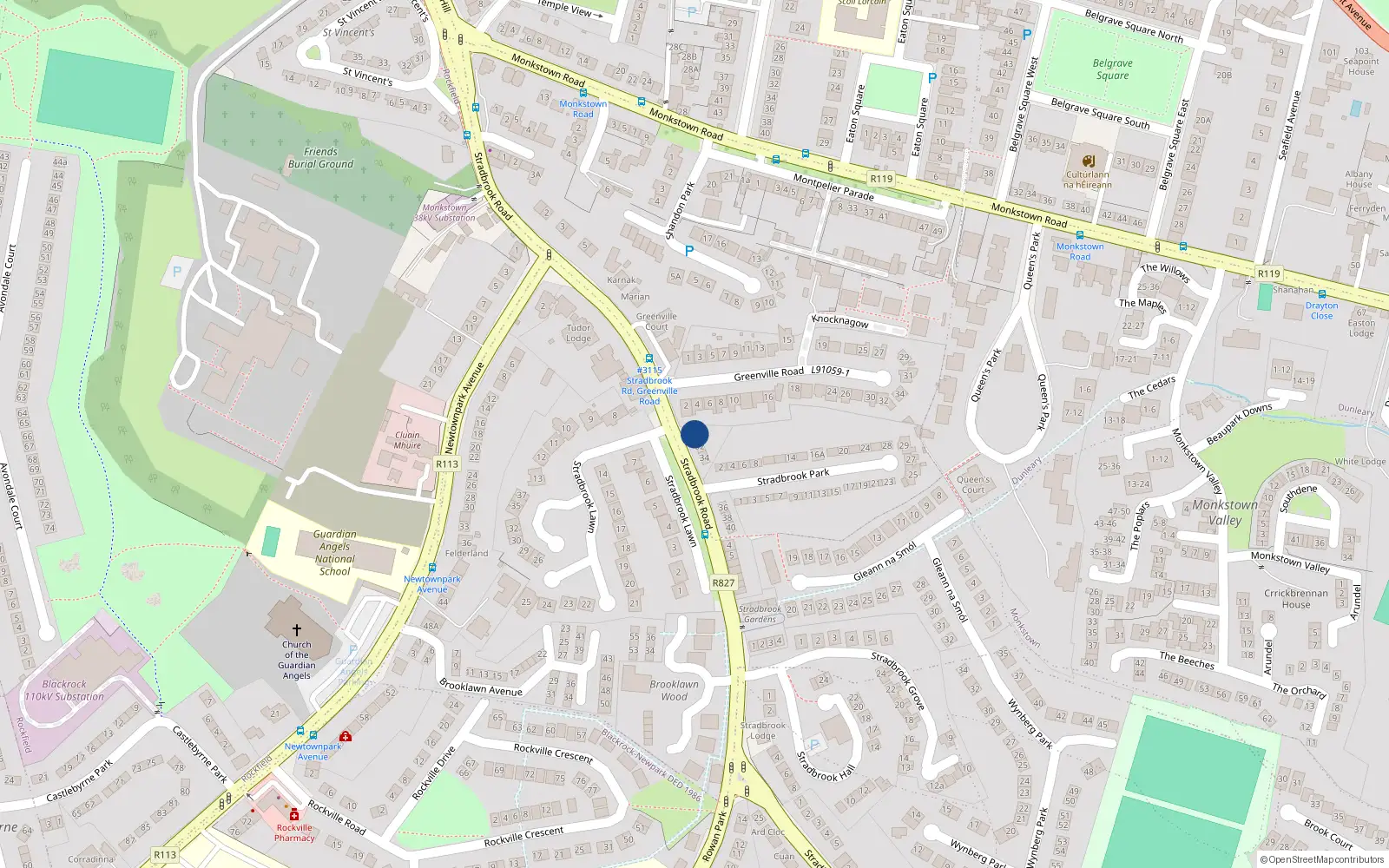 Overhead map showing the location of 30 Stradbrook Road, Blackrock