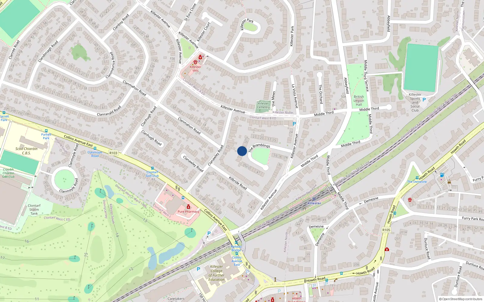 Overhead map showing the location of 30 The Bramblings, Dublin 5