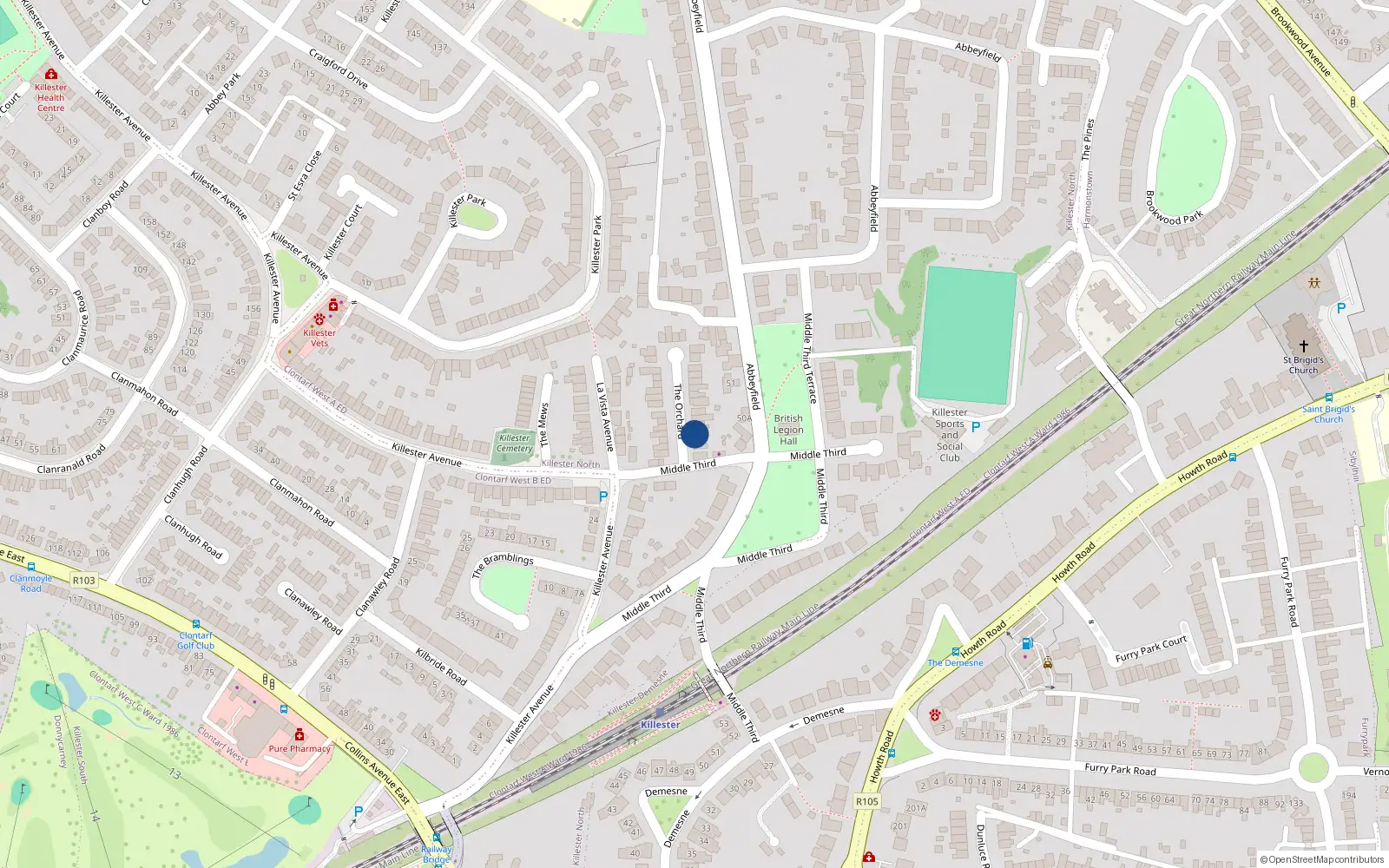 Overhead map showing the location of 30 the Orchard, Killester, Dublin 5