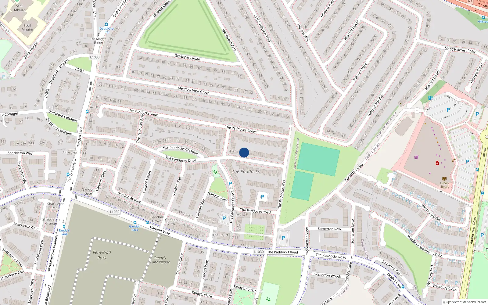 Overhead map showing the location of 30 the Paddocks Drive, Adamstown, Lucan