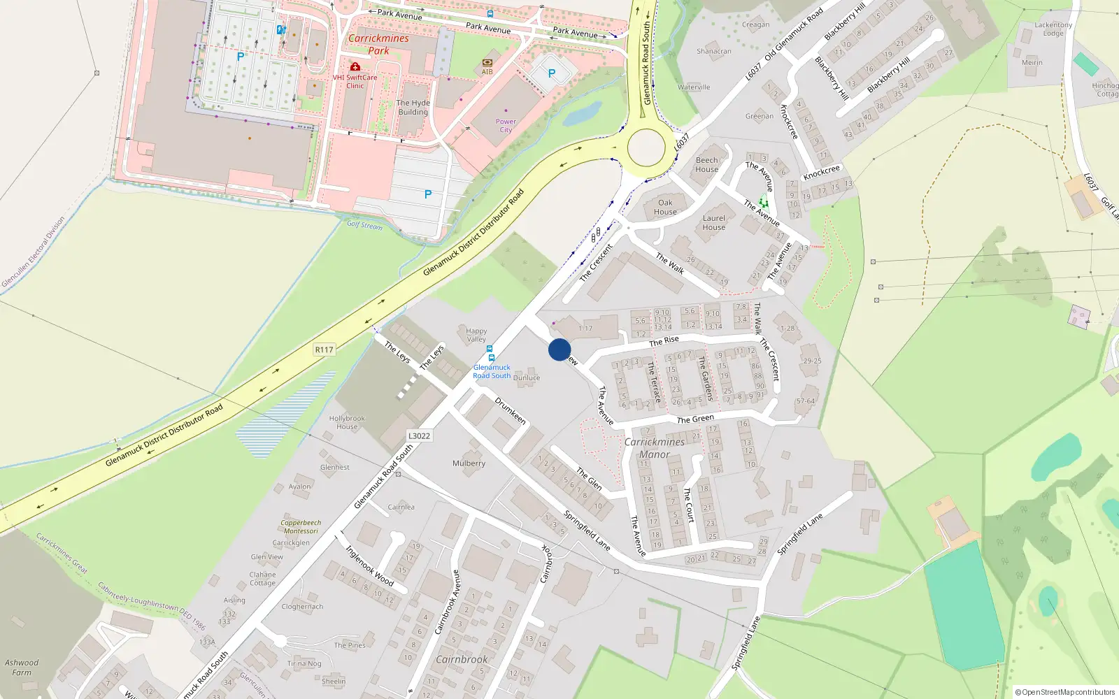 Overhead map showing the location of 30 The View, Carrickmines