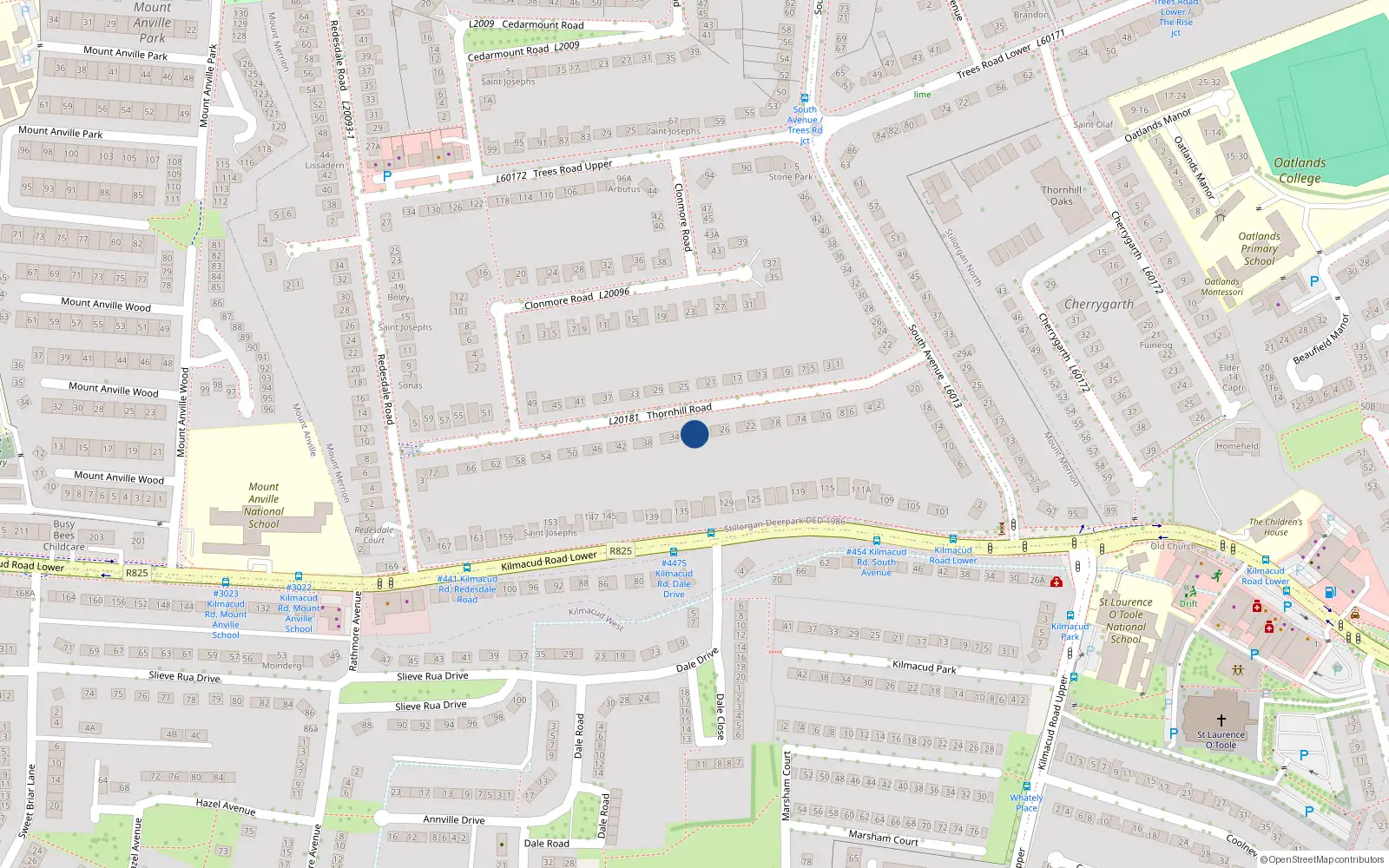 Overhead map showing the location of 30 Thornhill Road, Blackrock