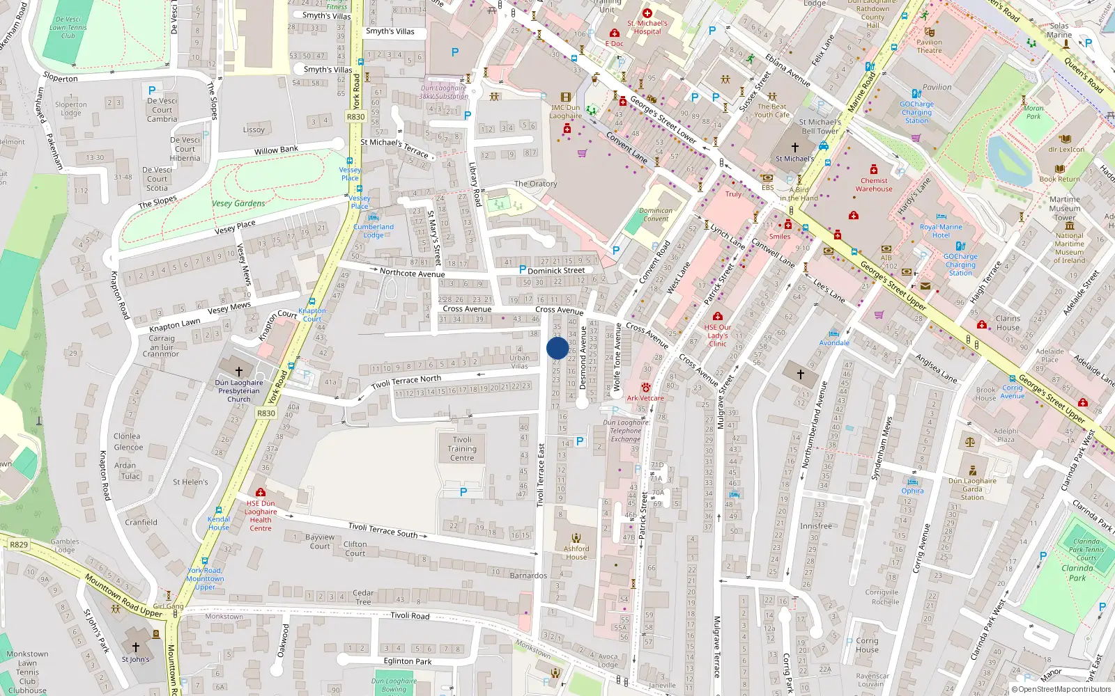 Overhead map showing the location of 30 Tivoli Terrace East, Dublin
