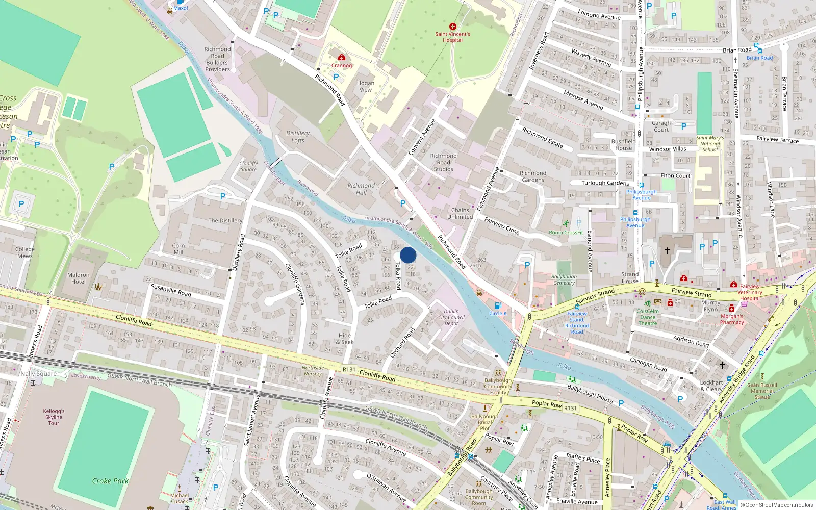 Overhead map showing the location of 30 Tolka Road, Dublin 3