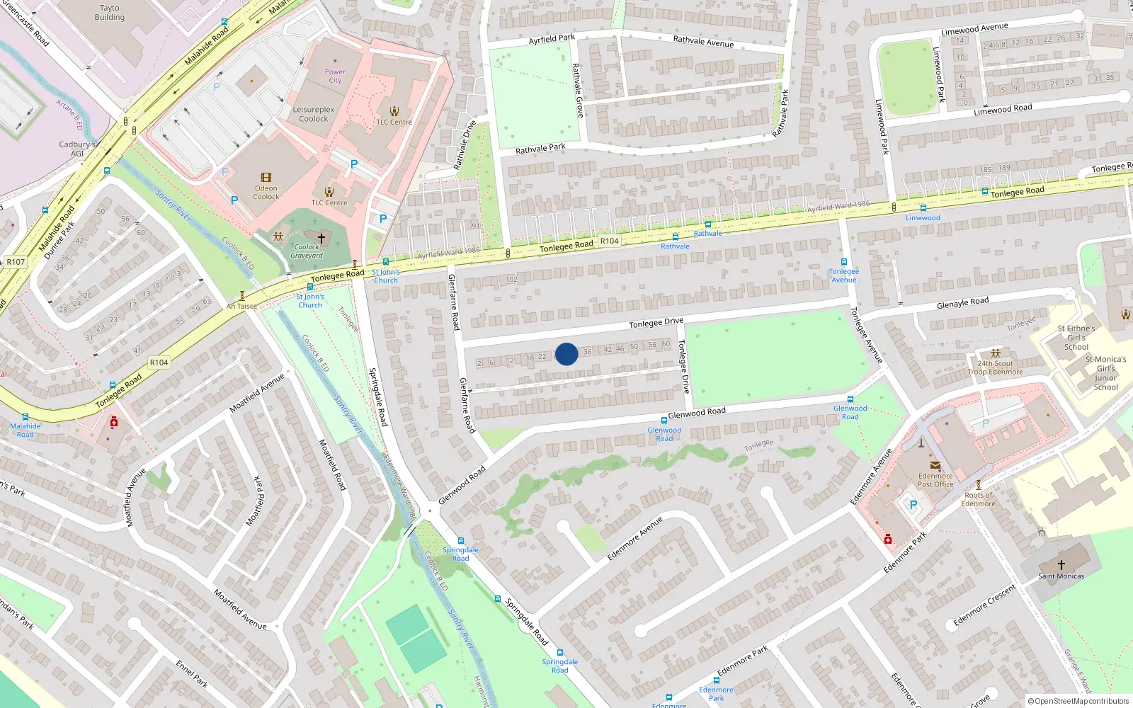 Overhead map showing the location of 30 Tonlegee Drive, Cameron Estate, Raheny Dublin 5