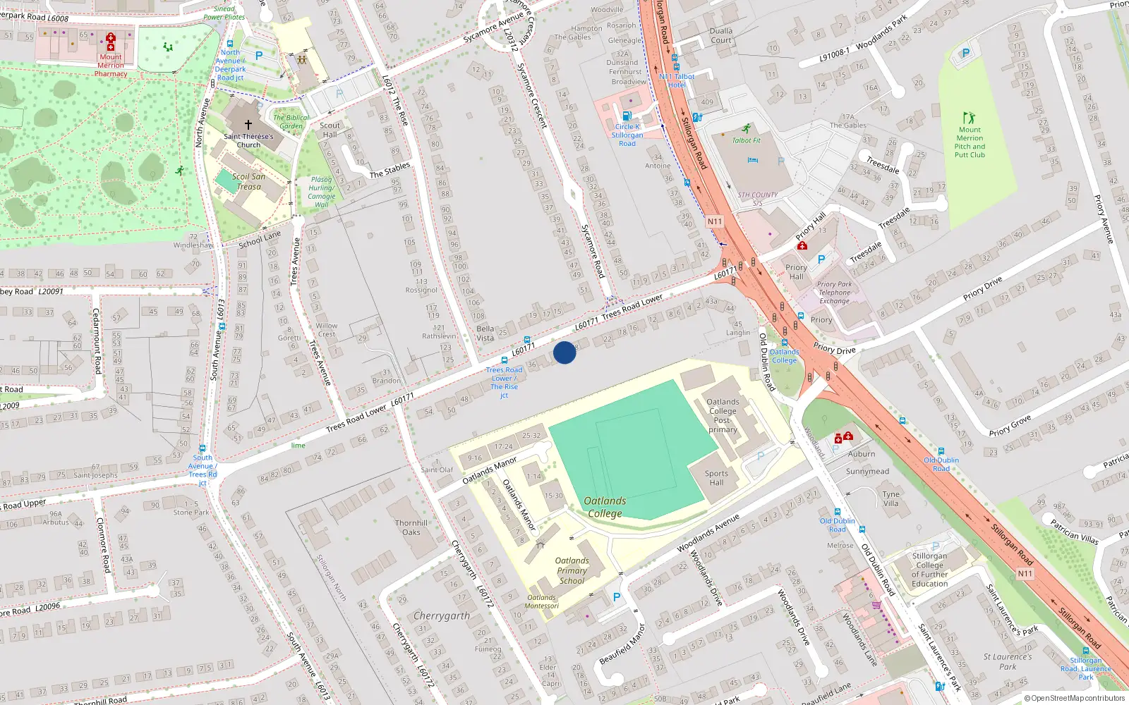 Overhead map showing the location of 30 Trees Road Lower, Blackrock