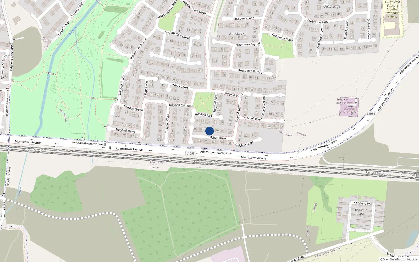Overhead map showing the location of 30 Tullyhall Drive, Lucan