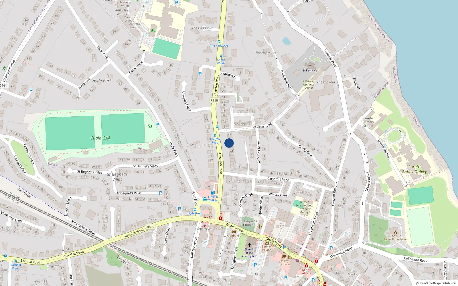 Overhead map showing the location of 30 Ulverton Road, Dalkey, Dublin