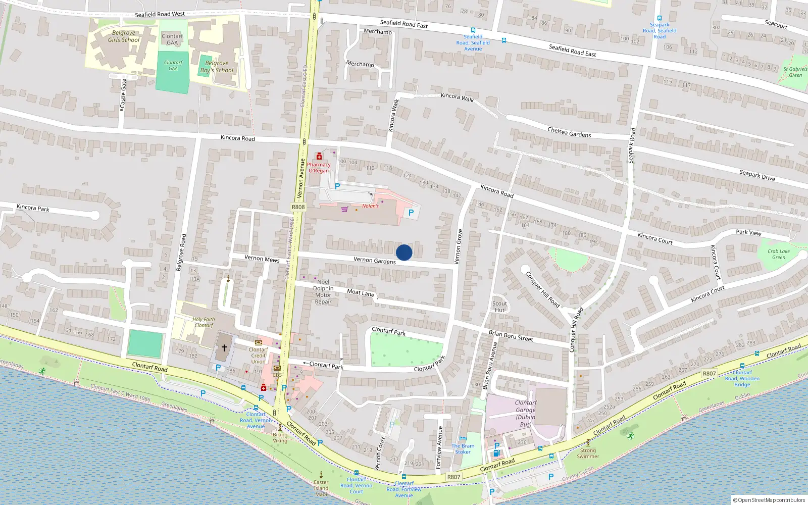 Overhead map showing the location of 30 Vernon Gardens, Clontarf, Dublin 3