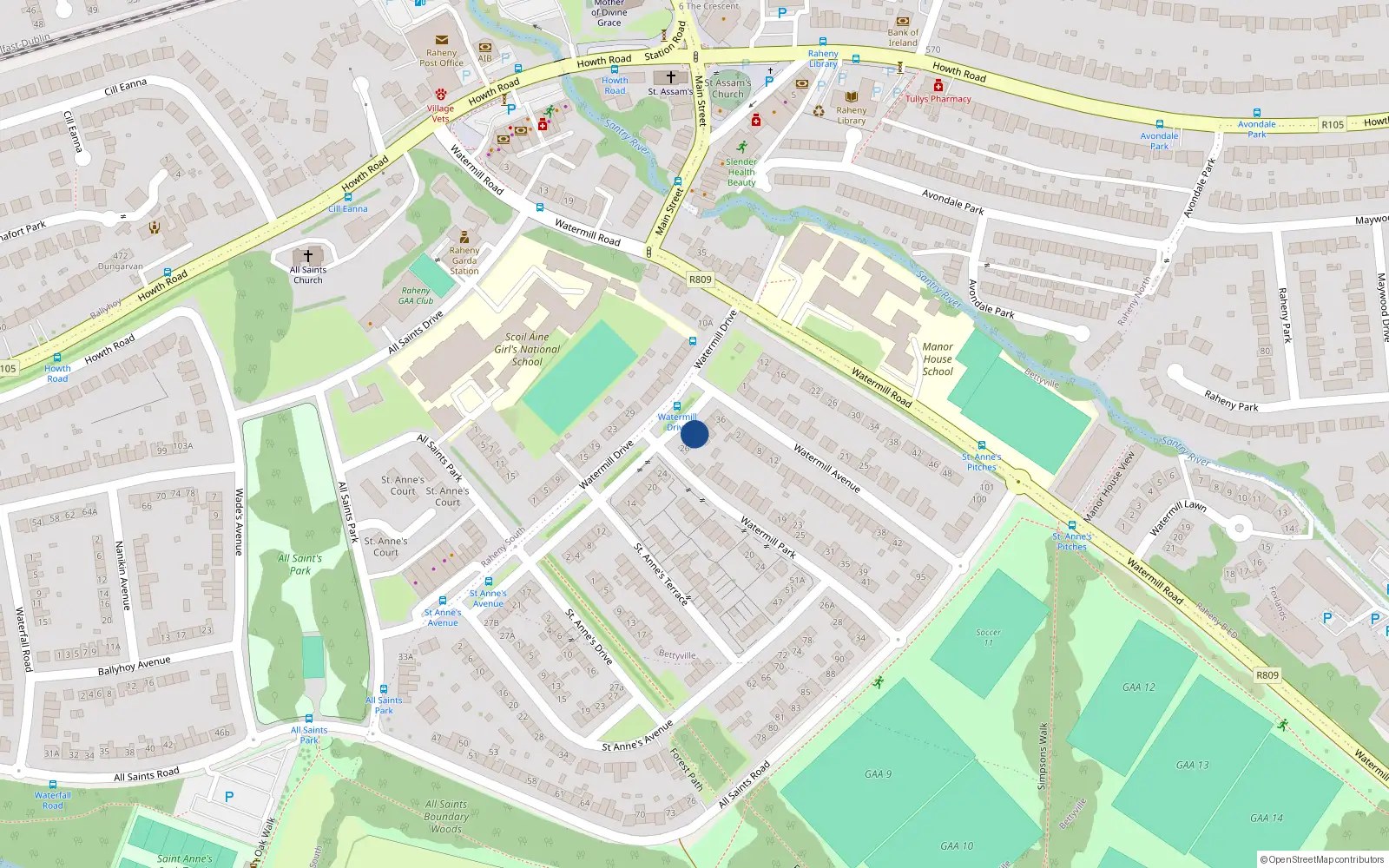 Overhead map showing the location of 30 Watermill Drive, Raheny, Dublin 5