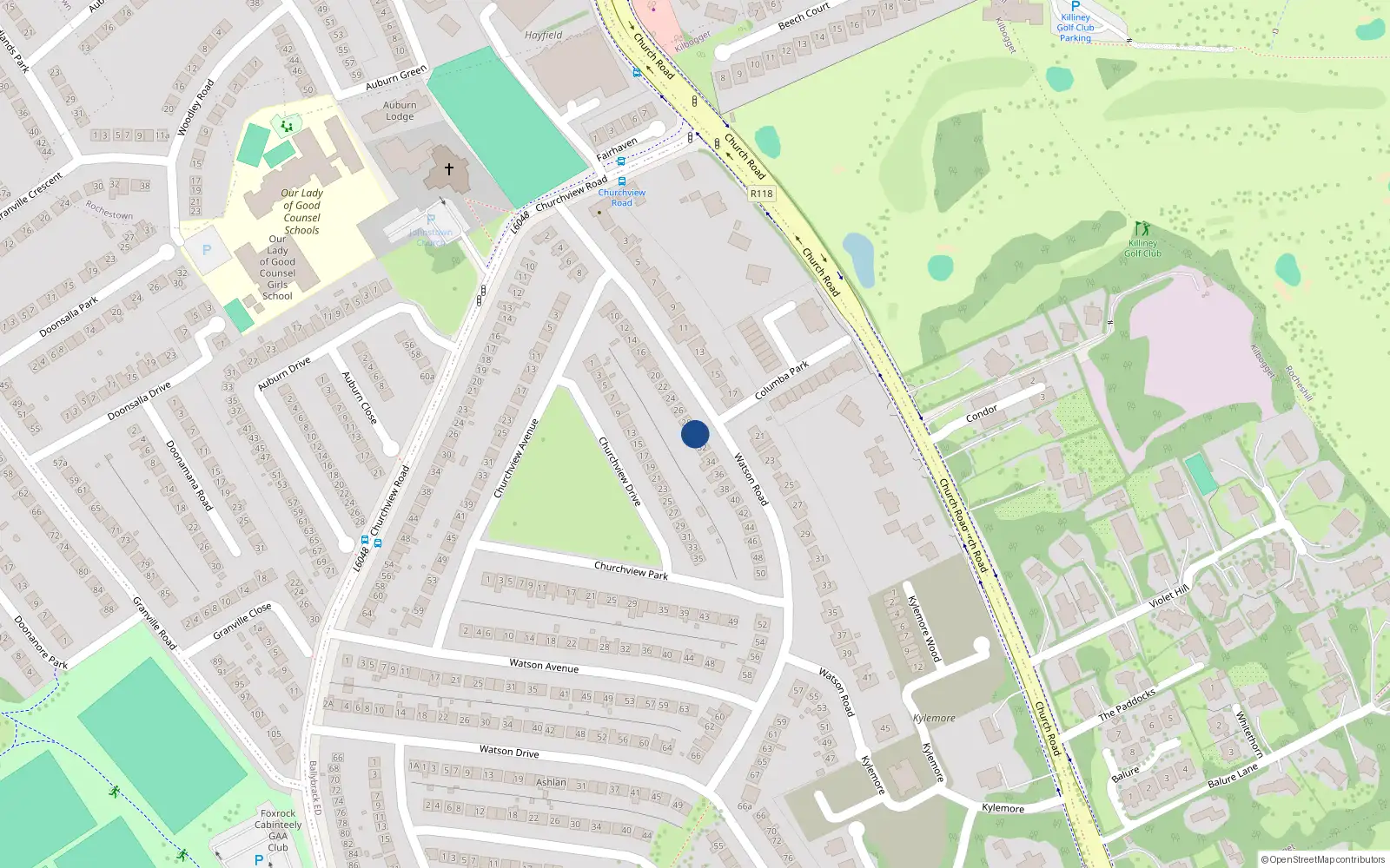 Overhead map showing the location of 30 Watson Road, Killiney