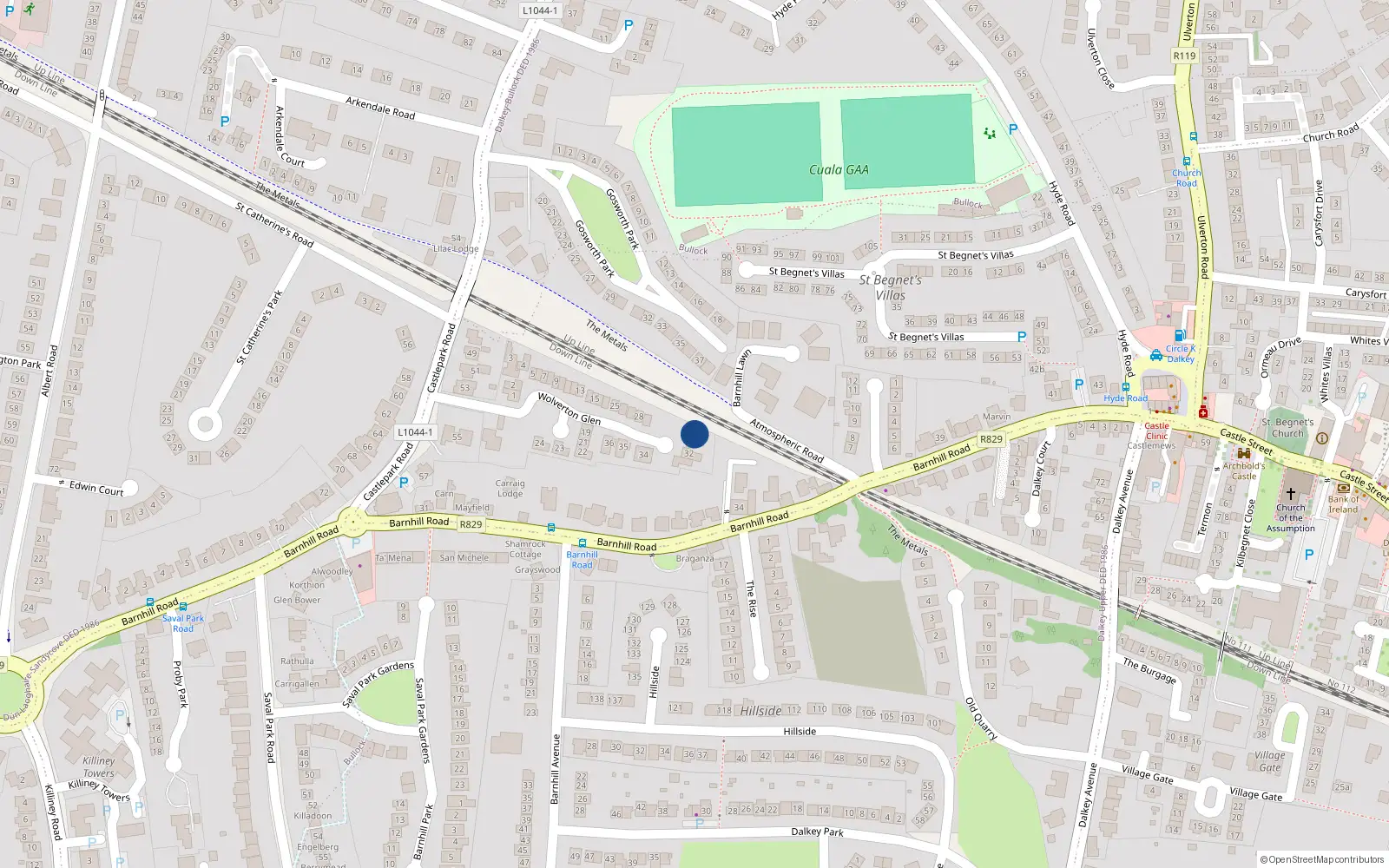 Overhead map showing the location of 30 Wolverton Glen, Dalkey, Dublin