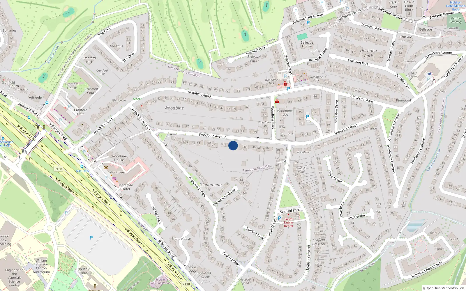 Overhead map showing the location of 30 Woodbine Avenue, Blackrock