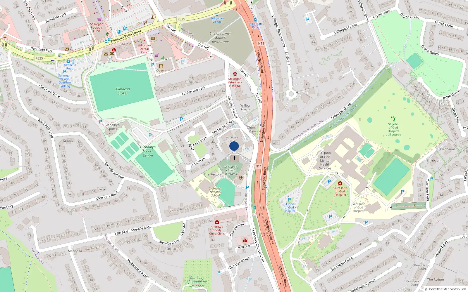 Overhead map showing the location of 30 Woodview Court, Glenalbyn Road, Stillorgan