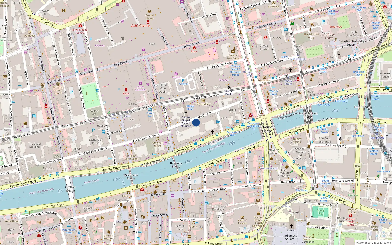 Overhead map showing the location of 303 the Lotts, Bachelors Walk, Dublin 1