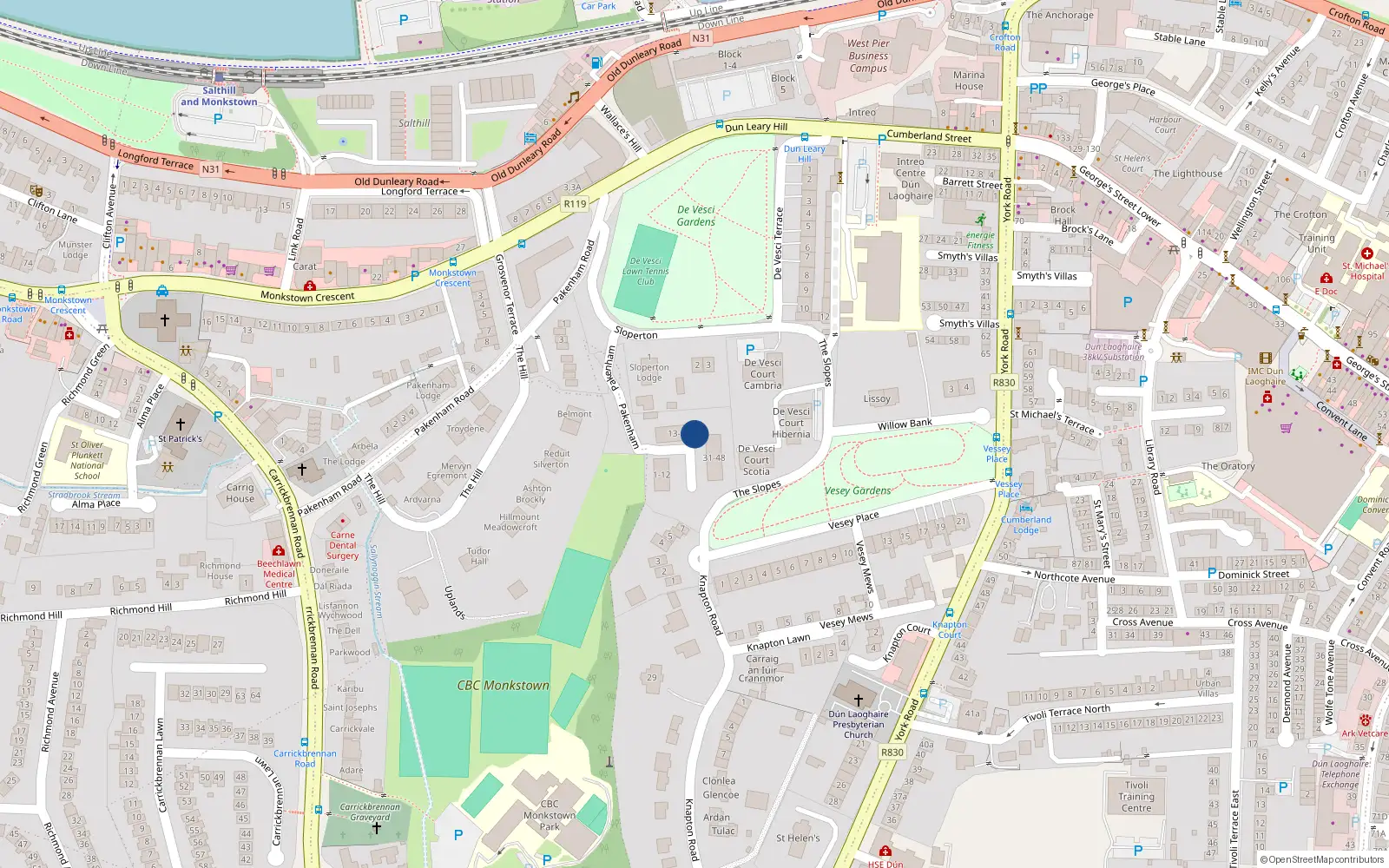 Overhead map showing the location of 30A Packenham, The Slopes, Monkstown