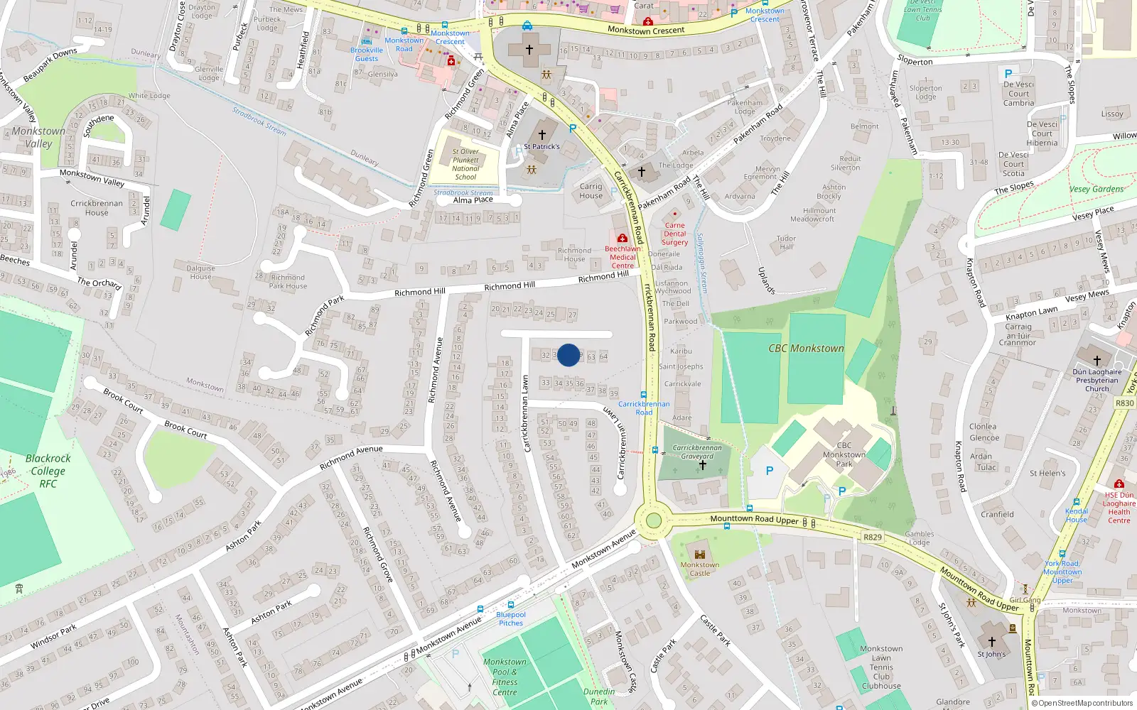 Overhead map showing the location of 30carrickbrennan Lawn, Monkstown, Dublin
