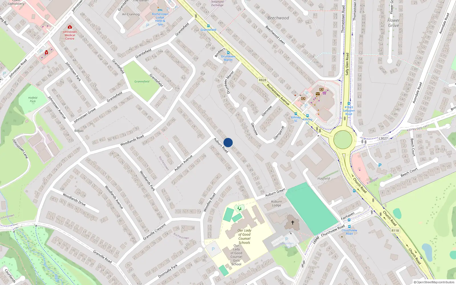 Overhead map showing the location of 31 Auburn Road, Rochestown Avenue, Dun Laoghaire
