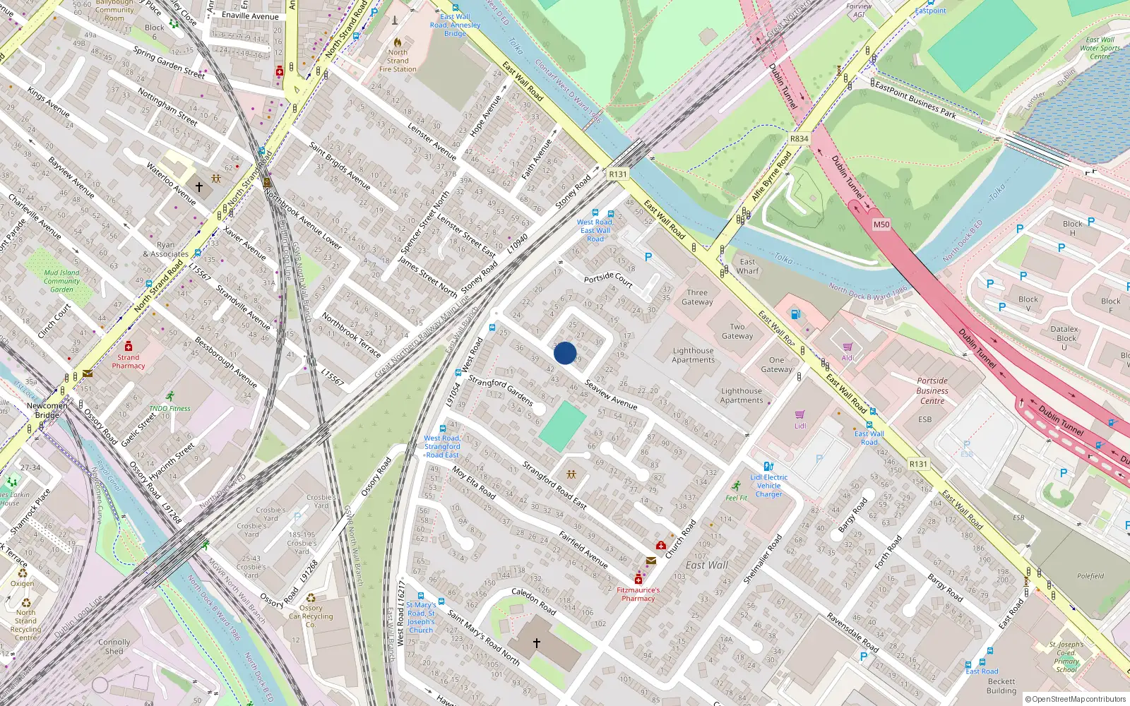 Overhead map showing the location of 31 Avenue East Wall, Seaview Dublin 3, Dublin
