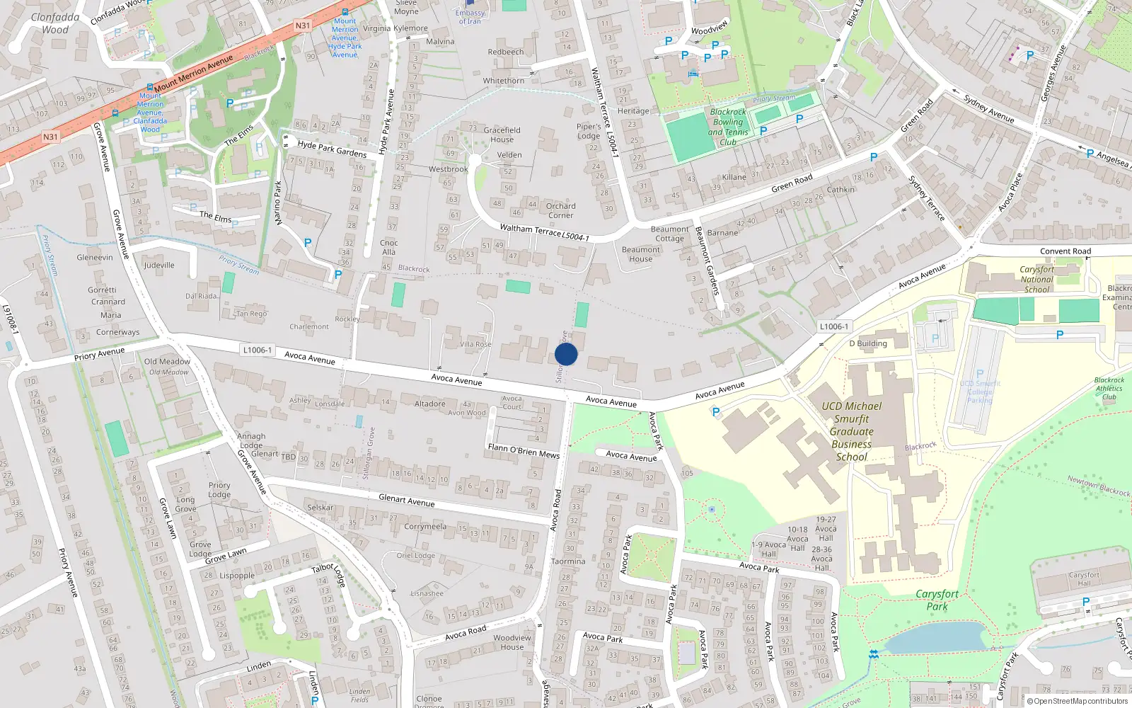Overhead map showing the location of 31 Avoca Avenue, Dublin