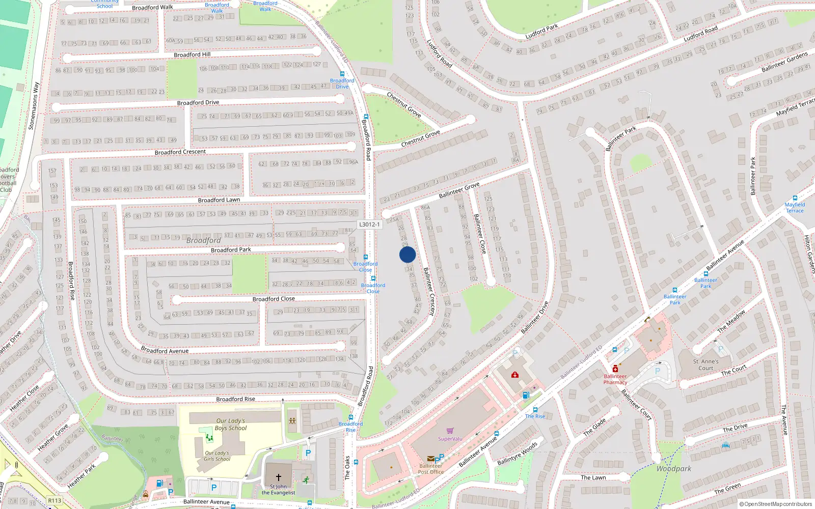 Overhead map showing the location of 31 Ballinteer Crescent, Ballinteer
