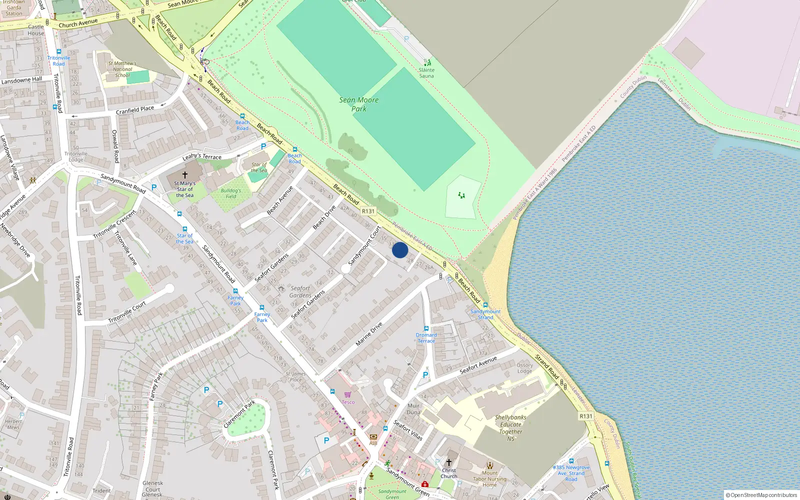 Overhead map showing the location of 31 Beach Road, Sandymount