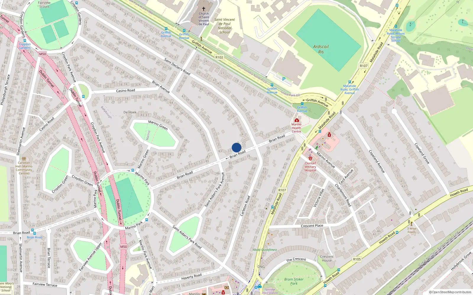 Overhead map showing the location of 31 Brian Road, Marino, Dublin 3