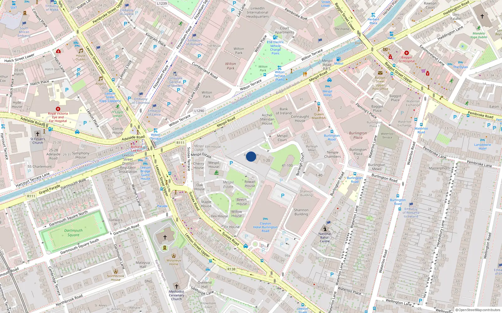 Overhead map showing the location of 31 Burlington Gardens, Burlington Road, Ballsbridge Dublin 4