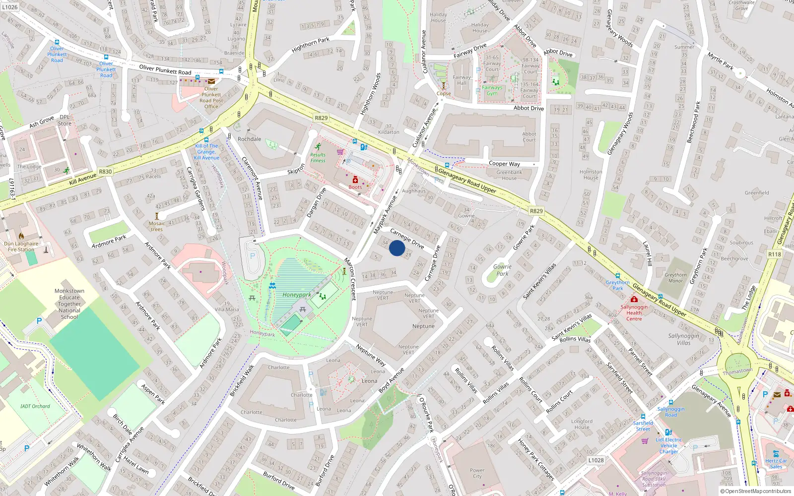 Overhead map showing the location of 31 Carnegie Drive, Dun Laoghaire